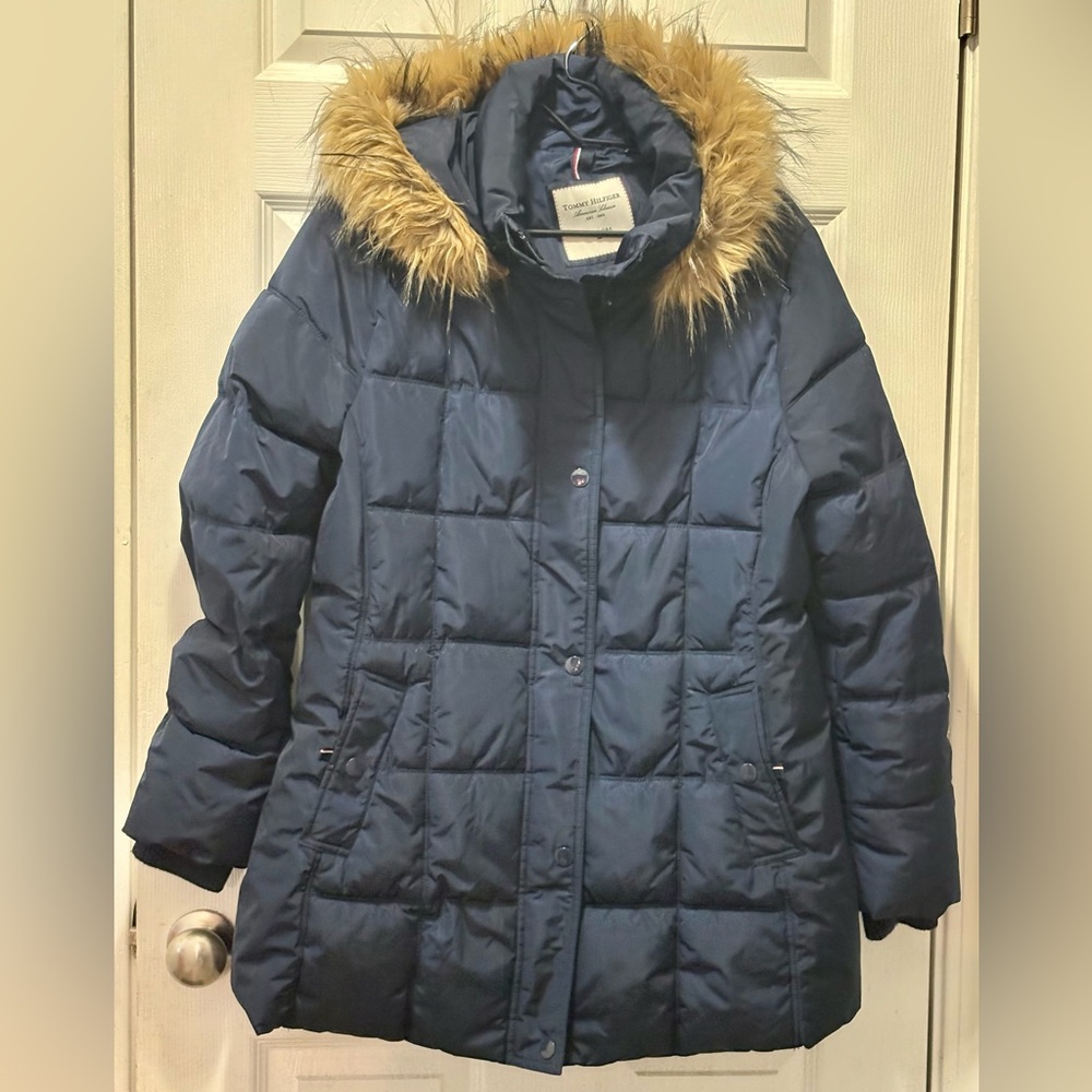 Tommy Hilfiger Navy Blue Faux Fur Hood Puffer Parka Coat XL